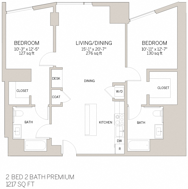 Floor plan for 2 beds, 2 baths, 1215 sqft